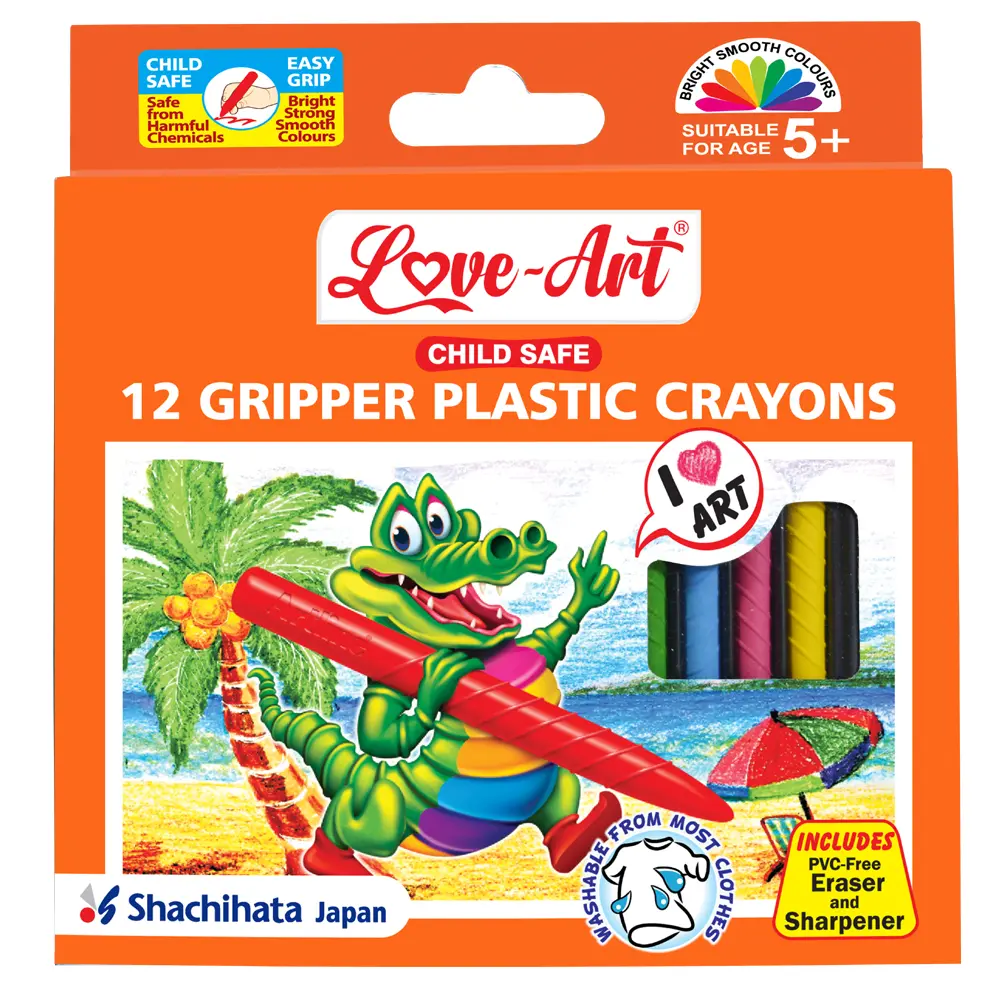 Gripper Plastic Crayons Pack of 12 with Circular Grip and Ultra-Bright Colours