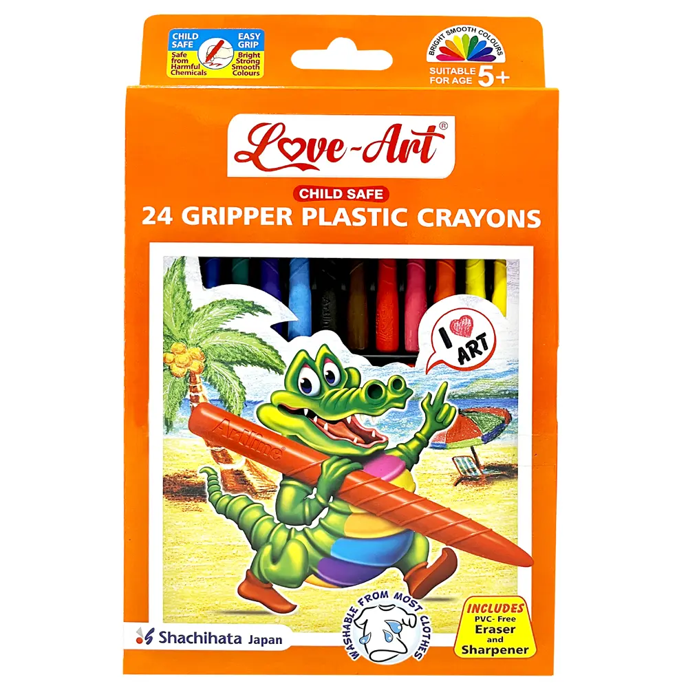 Gripper Plastic Crayons Pack of 24 – Erasable, Sharpenable and Non-Toxic Colouring Crayons