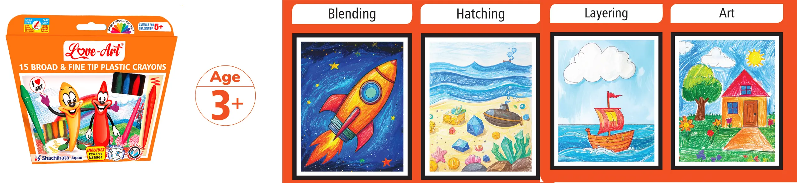 Pack of 15 Broad & Fine Tip Plastic Crayons with Eraser and Sharpener – Triangular Easy-Grip, Non-Toxic, Washable