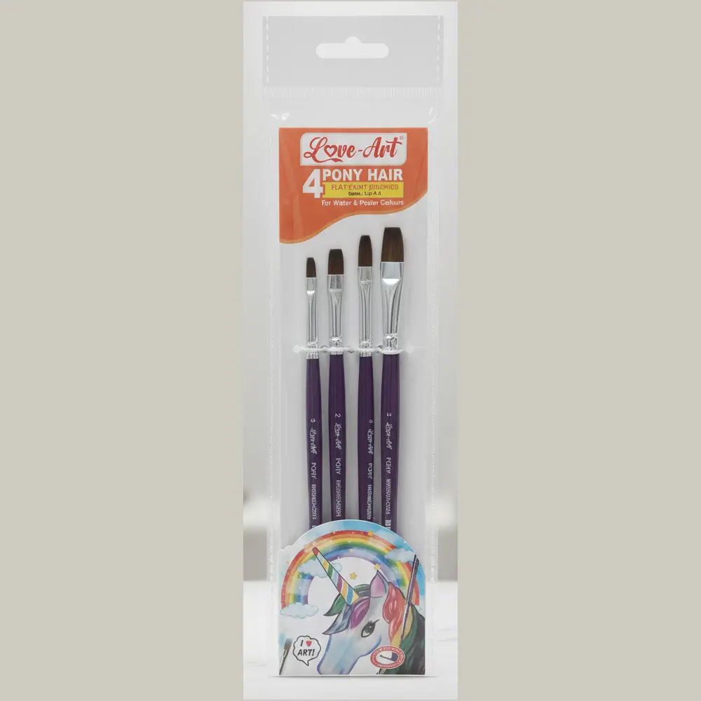Pony hair flat paint brush set of 4 – sizes 1, 2, 4, 6.
