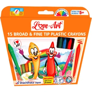 Pack of 15 Broad & Fine Tip Plastic Crayons with Eraser and Sharpener – Triangular Easy-Grip, Non-Toxic, Washable