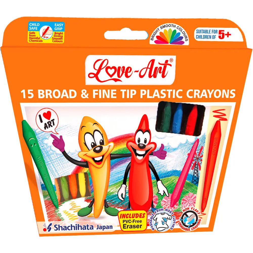 Pack of 15 Broad & Fine Tip Plastic Crayons with Eraser and Sharpener – Triangular Easy-Grip, Non-Toxic, Washable
