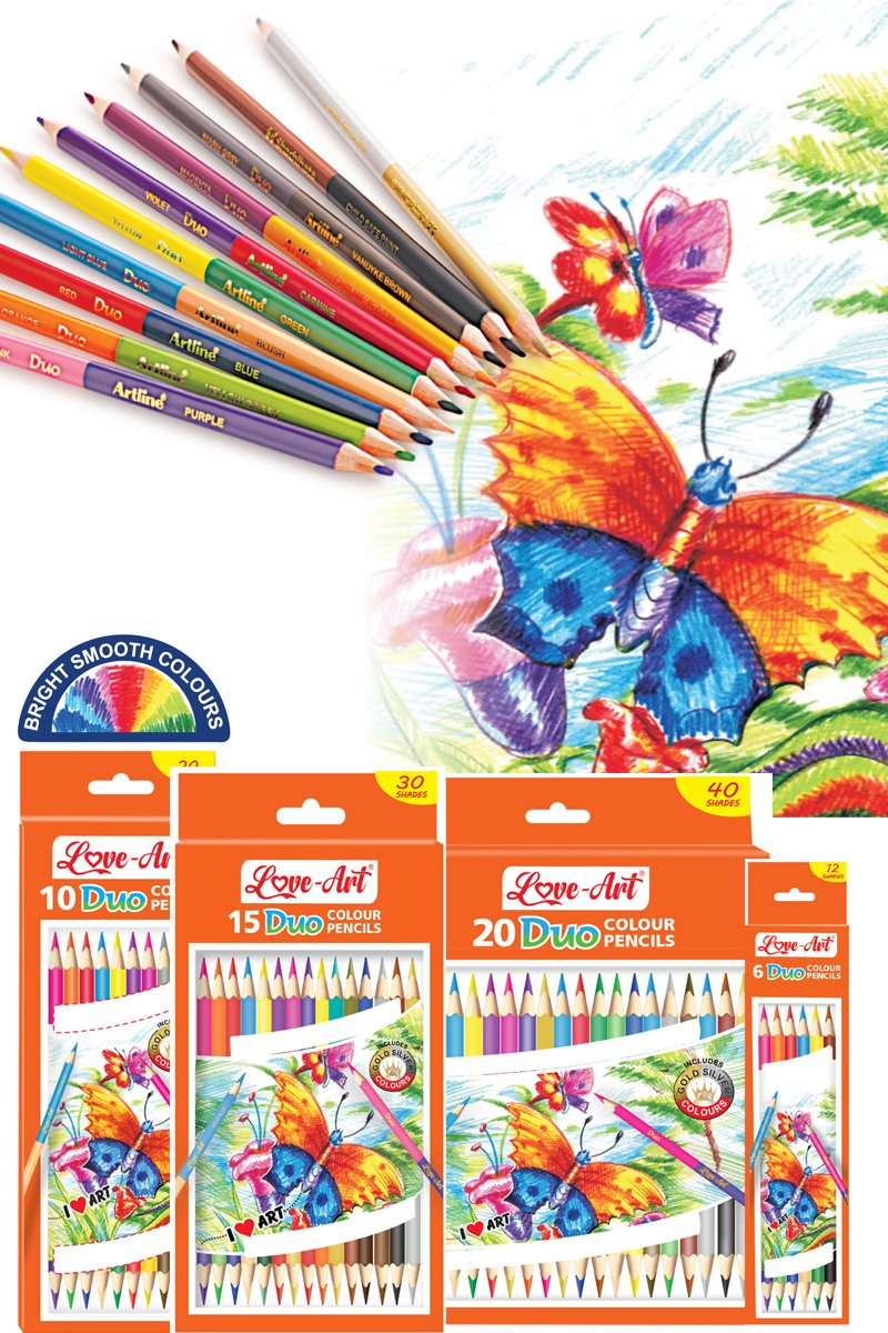 Tri-Art Duo Colour Pencils – Dual-shade triangular colouring pencils with bright, smooth, non-toxic colours.