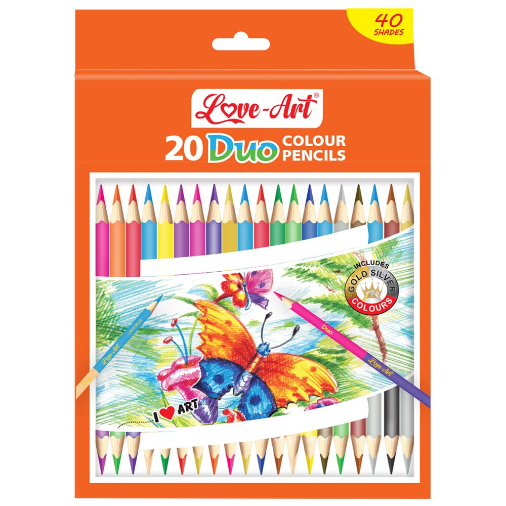 Tri-Art Duo Colour Pencils Pack of 20 – Dual-shade colouring pencils for kids and artists, bright and smooth colours.