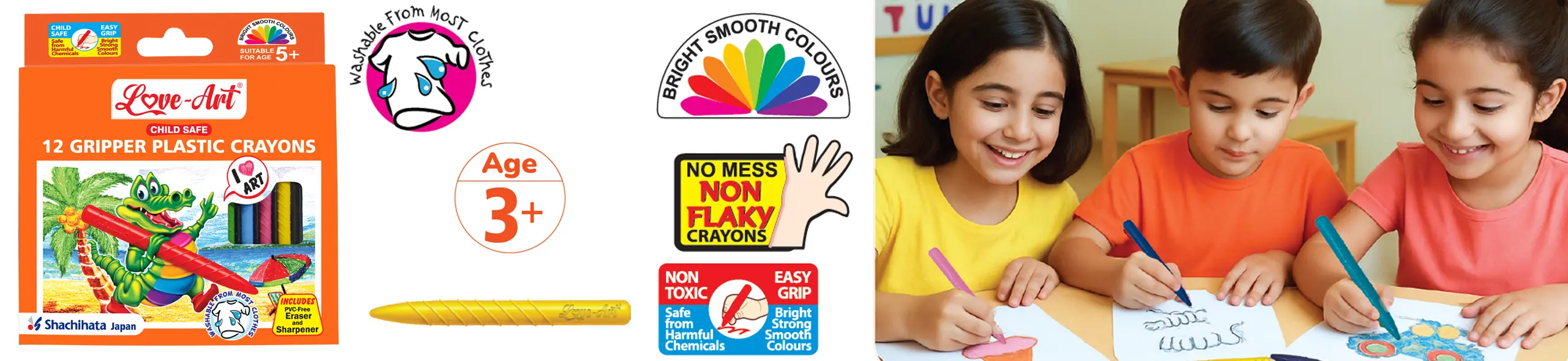 Gripper Plastic Crayons Banner Showing Easy-Grip Design and Bright Colours