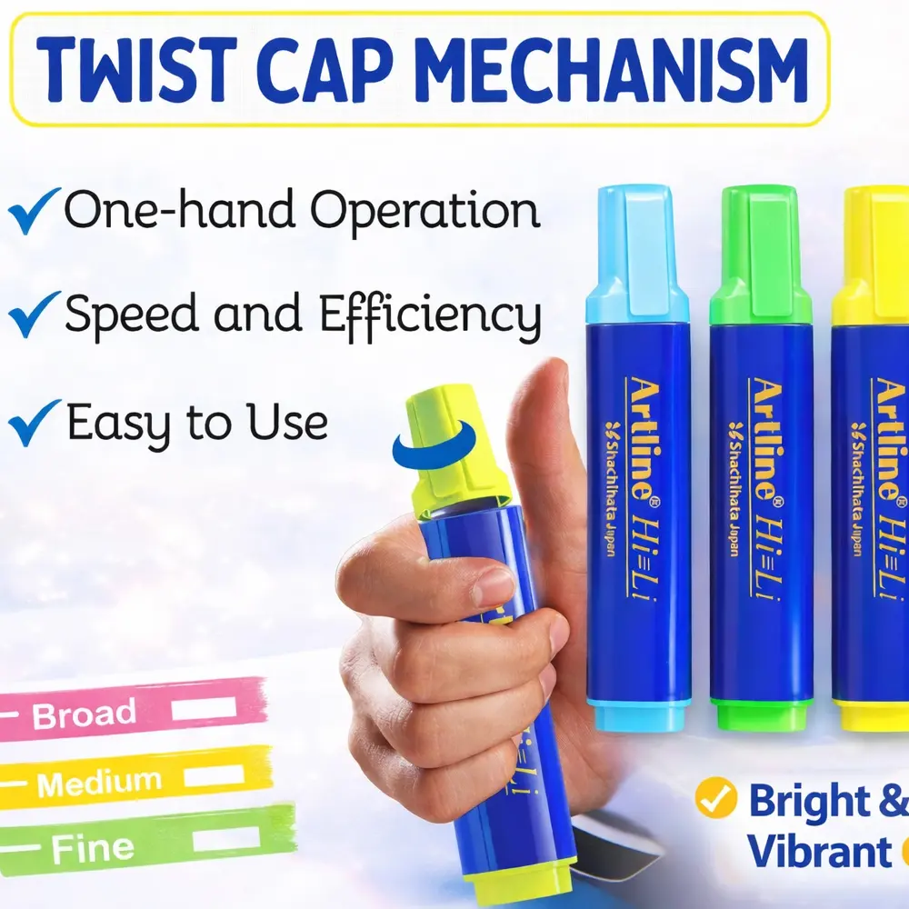 highlighter pen with bright fluorescent ink and twist cap for students and office use