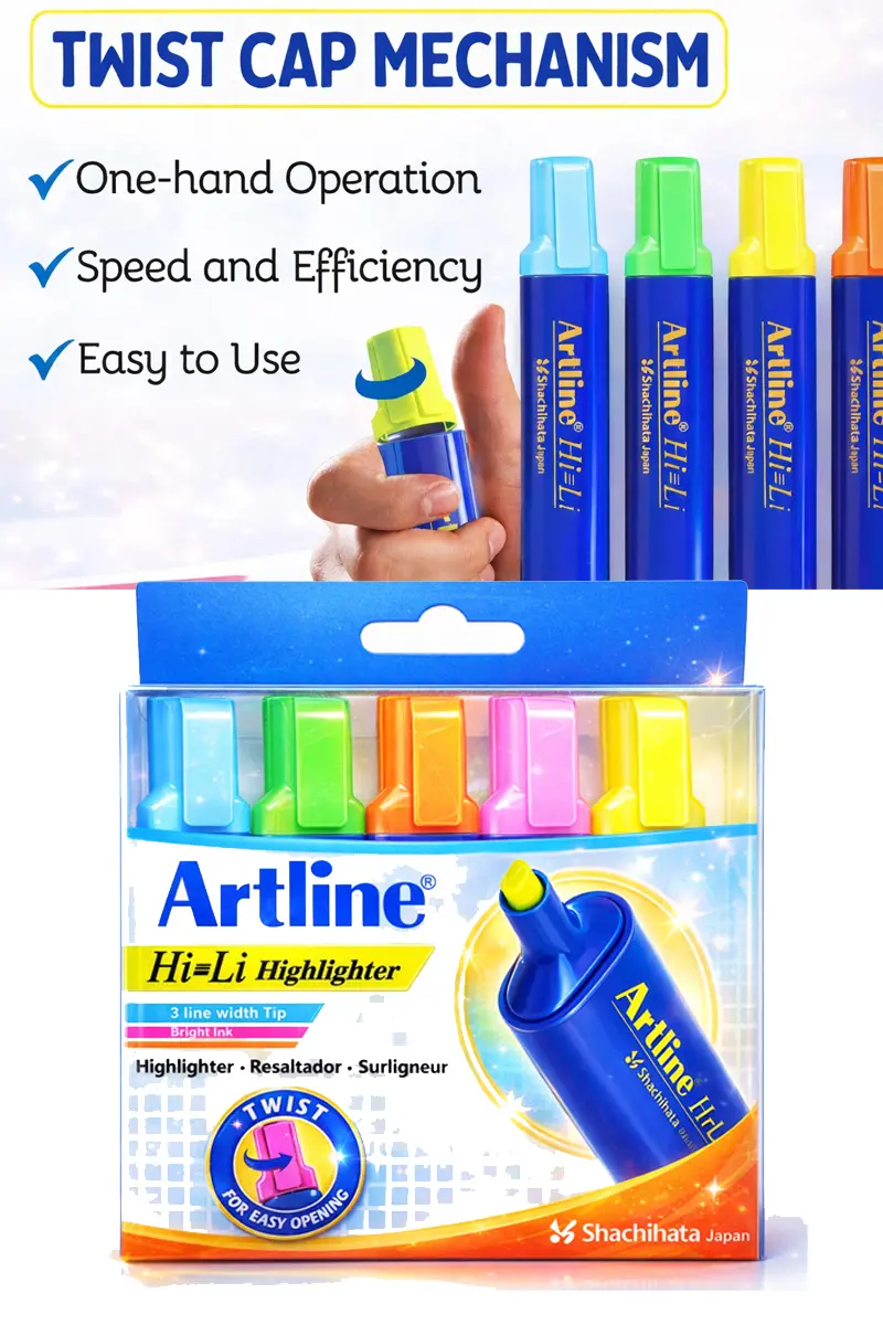 highlighter pen with bright fluorescent ink and twist cap for students and office use