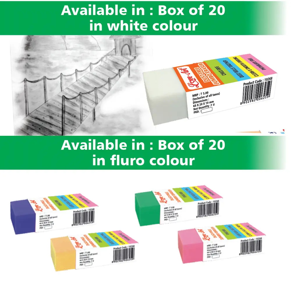 Dust free eraser in small and jumbo size for clean erasing Dust free eraser in small and jumbo size for clean erasing