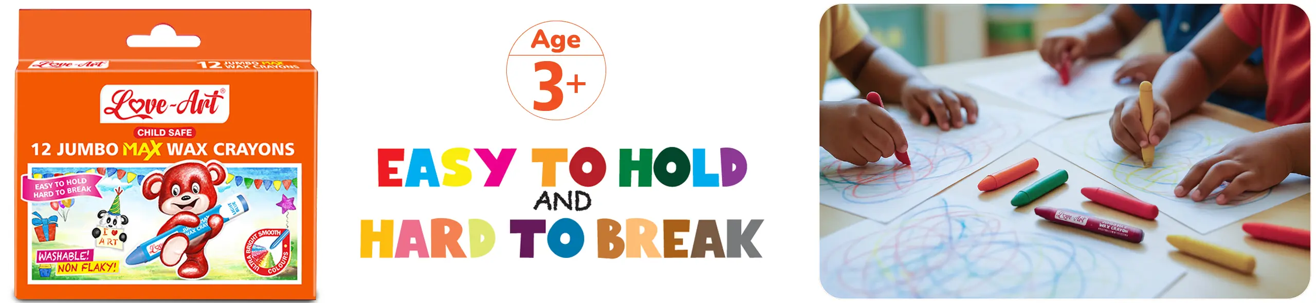 Jumbo Max Wax Crayons banner showcasing big, bold, easy-to-hold crayons for kids with bright, smooth colouring Jumbo Max Wax Crayons banner showcasing big, bold, easy-to-hold crayons for kids with bright, smooth colouring