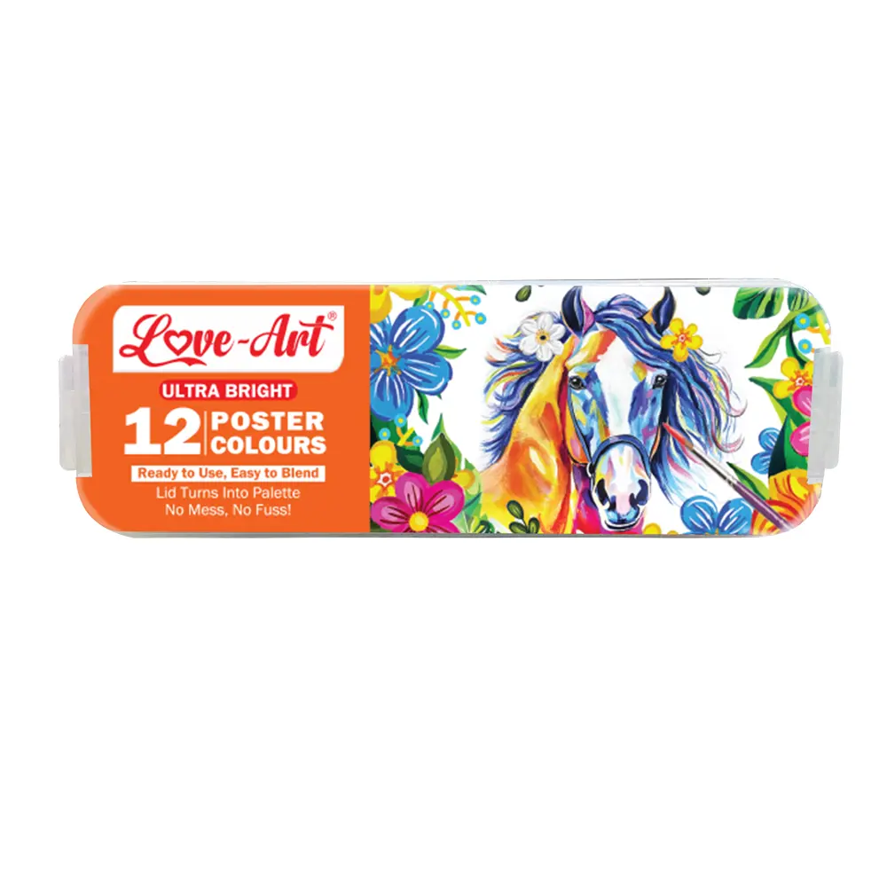 Poster Colours Pack of 12 – Brilliant Red, Crimson, Yellow, Yellow Ochre, Burnt Sienna, Prussian Blue, Phthalo Blue, Dark Green, Light Green, Jet Black, Pure White Poster Colours Pack of 12 – Brilliant Red, Crimson, Yellow, Yellow Ochre, Burnt Sienna, Prussian Blue, Phthalo Blue, Dark Green, Light Green, Jet Black, Pure White