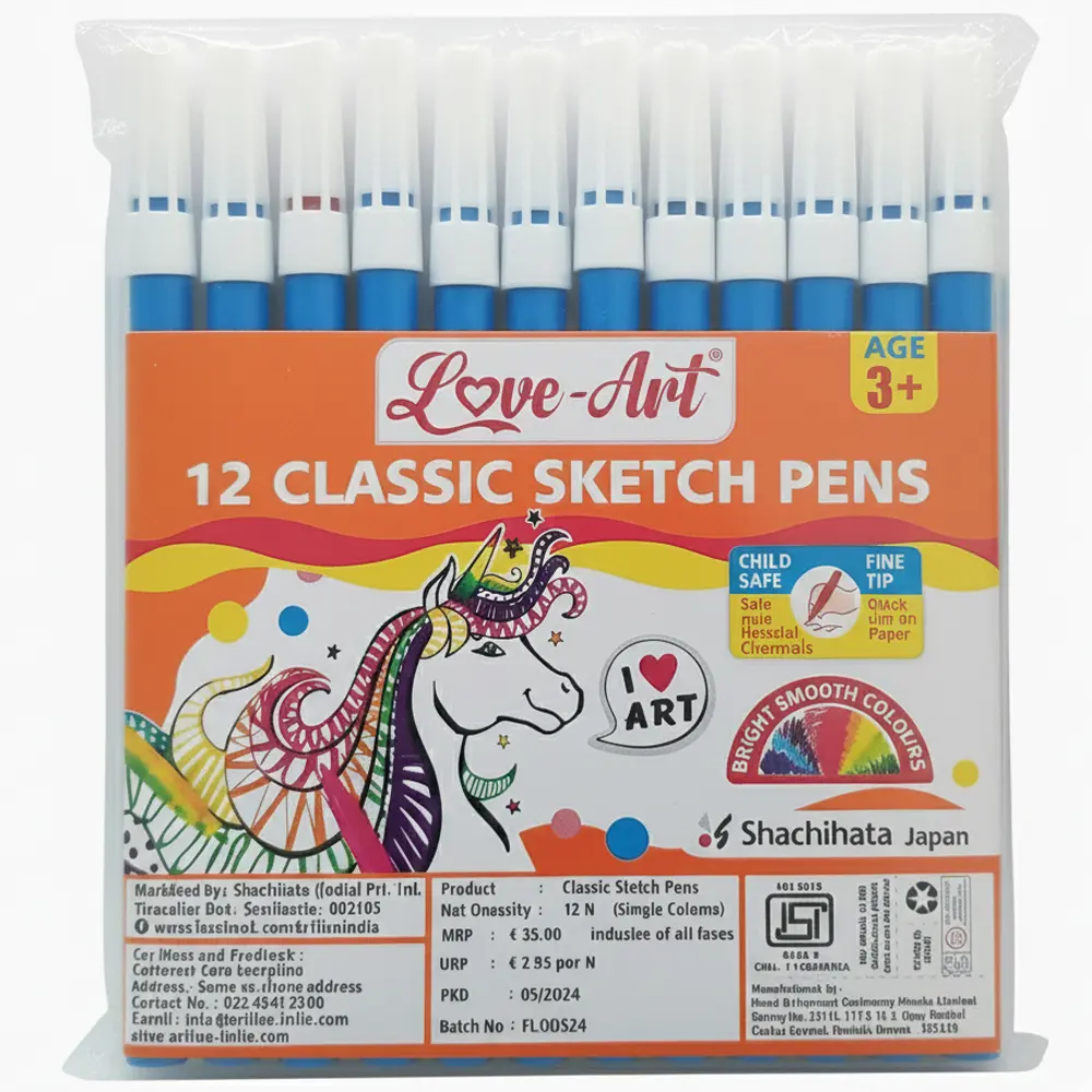 Pack of 12 blue sketch pen set for school projects and writing practice