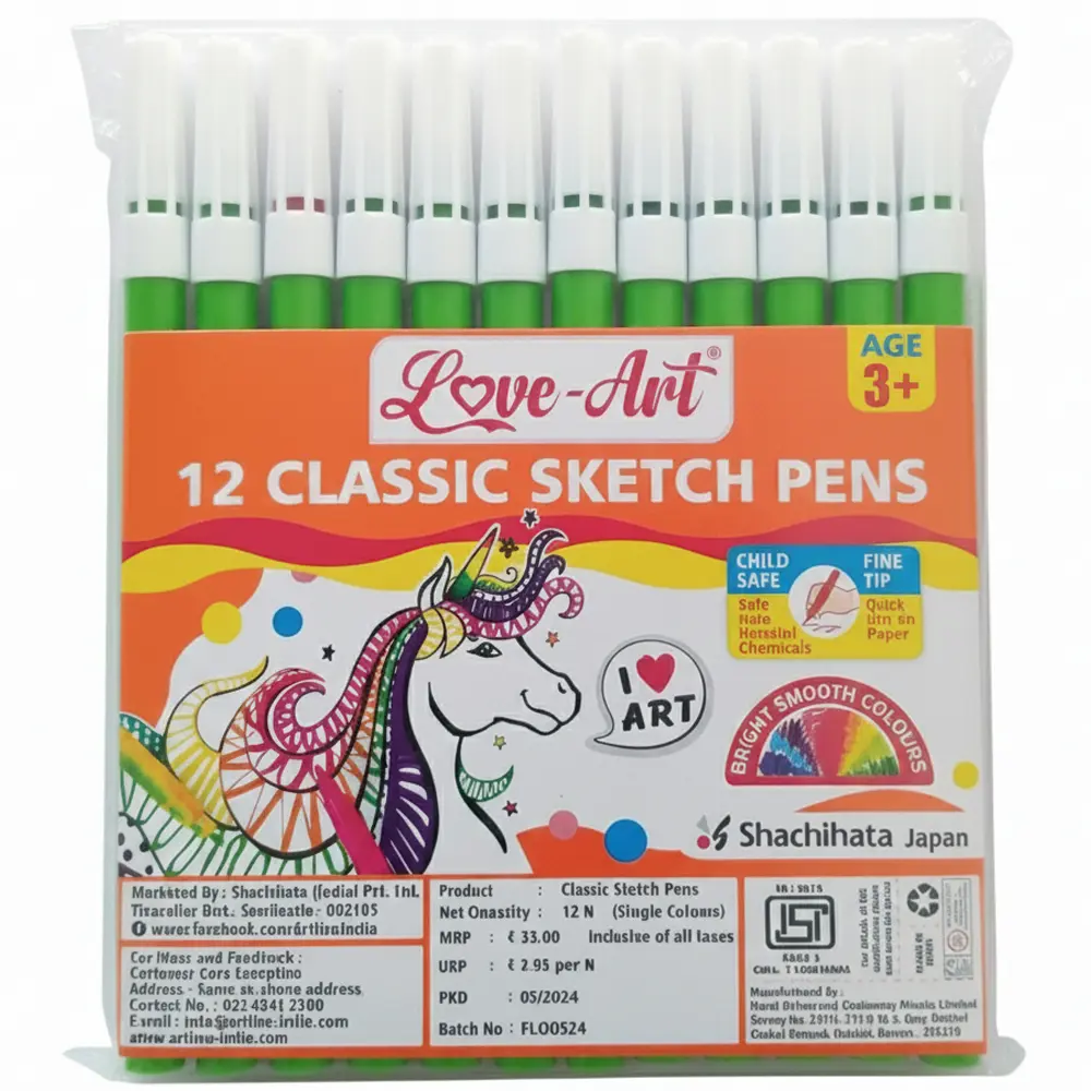 Pack of 12 green sketch pen set for drawing, colouring and craft activities