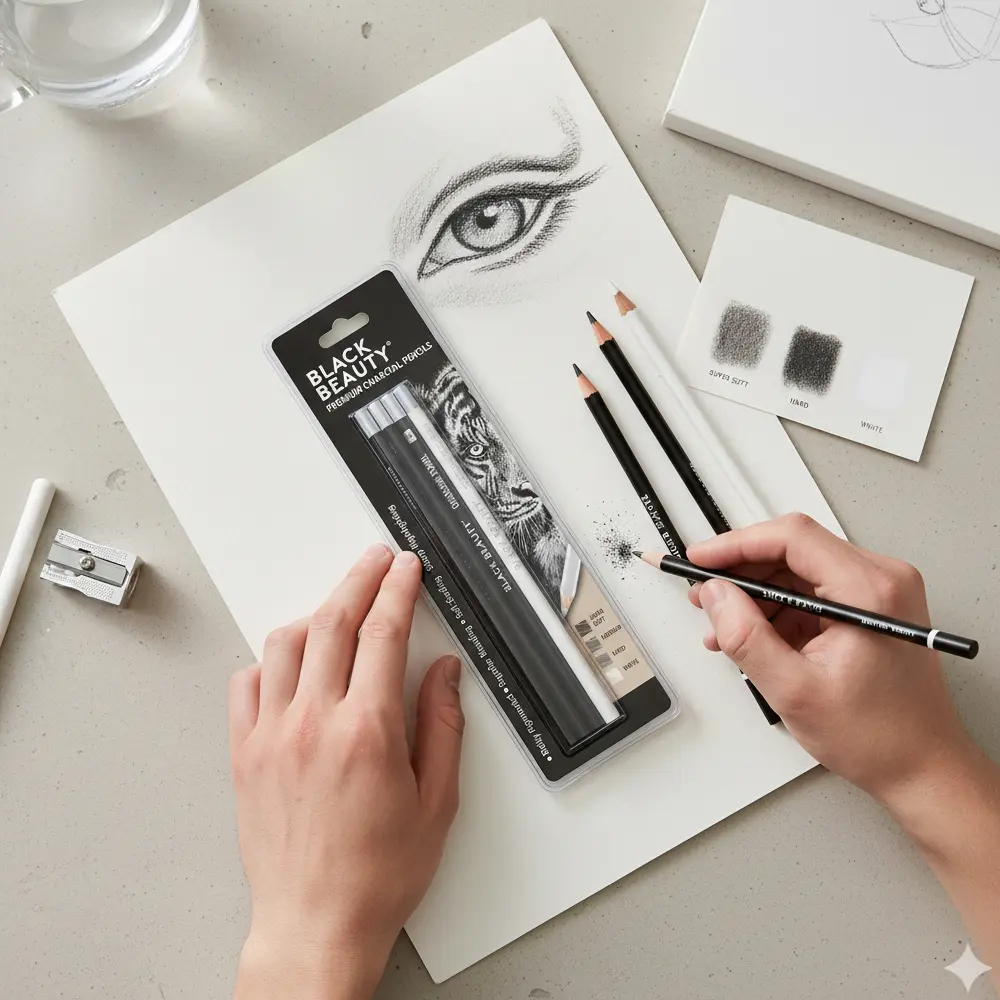 Premium charcoal pencil set with super soft, medium, hard and white grades