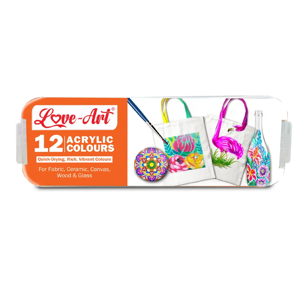 Acrylic colours pack of 6 including White, Black, Green, Yellow, Red, and Dark Blue, non-toxic and safe for children 8+