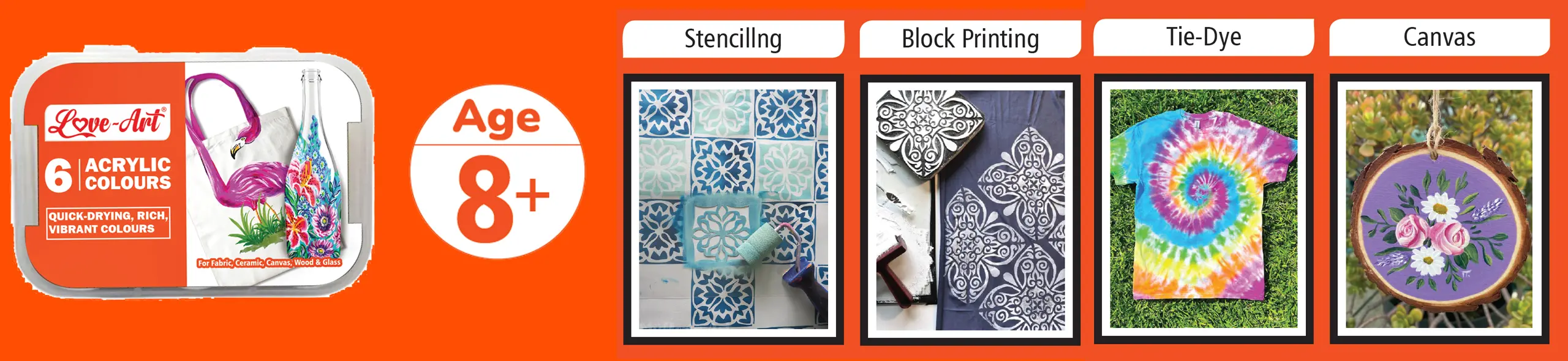 Bright and vibrant acrylic colours set for kids aged 8+, suitable for multi-surface painting on cloth, glass, wood, and canvas"