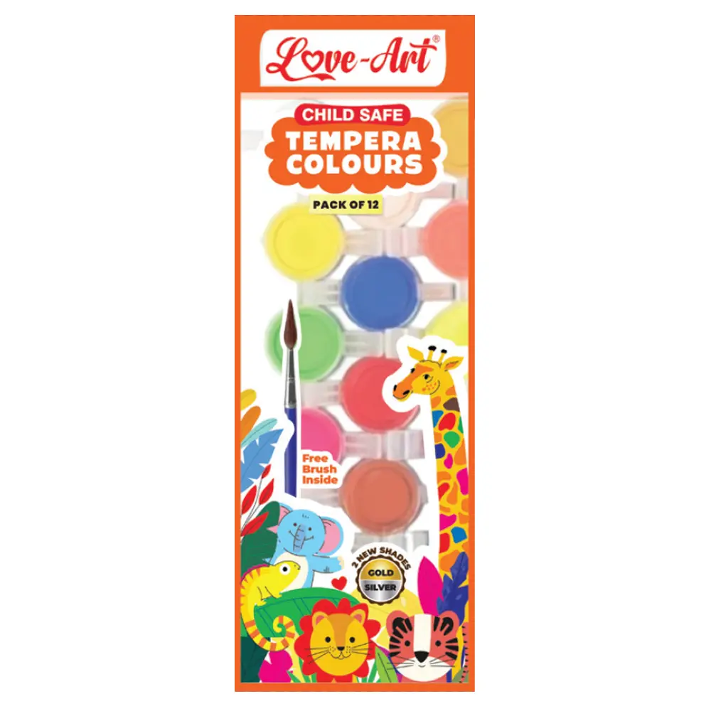 Pack of 12 tempera colours – Snow White, Ivy Green, Red, Lemon Yellow, Black, Burnt Sienna, Leaf Green, Flesh Tint, Liquid Gold, Fluro Pink, Blue and Liquid Silver paints for children.