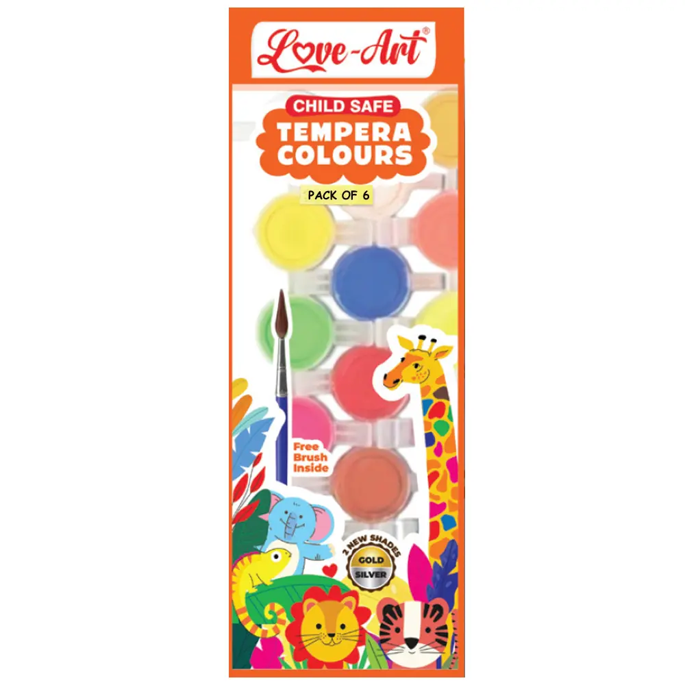 Pack of 6 tempera colours – Black, Red, Green, Blue, Violet and Orange washable paints for kids.