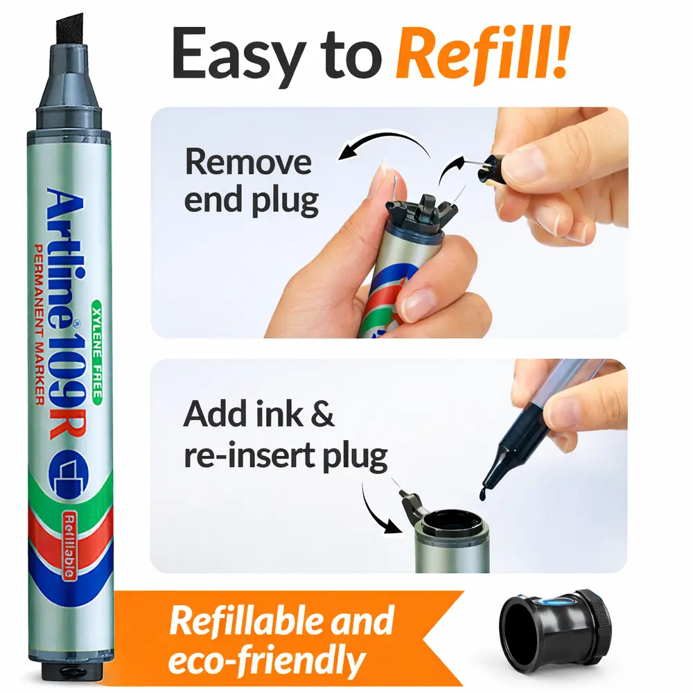 109R refillable permanent marker with chisel tip for writing on paper, plastic and metal surfaces 109R refillable permanent marker with chisel tip for writing on paper, plastic and metal surfaces