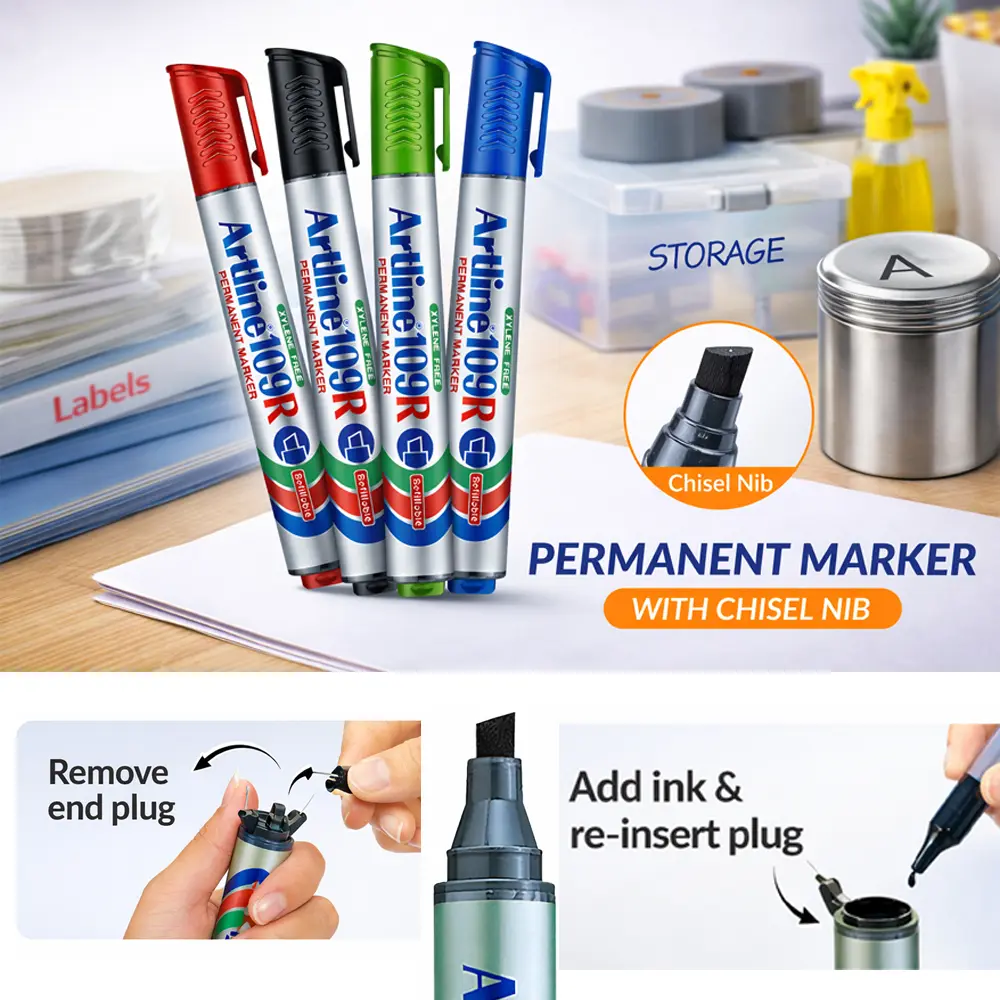 109R refillable permanent marker with chisel tip for writing on paper, plastic and metal surfaces 109R refillable permanent marker with chisel tip for writing on paper, plastic and metal surfaces