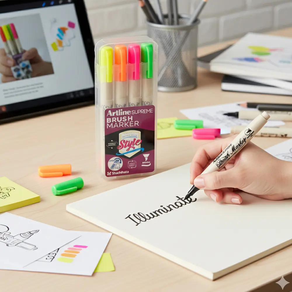 Supreme brush marker set showing multiple bright colours for art and lettering