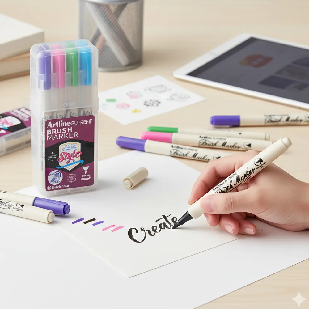 Supreme brush marker set showing multiple bright colours for art and lettering