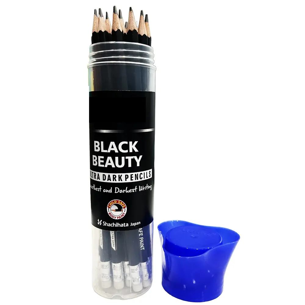 Black Beauty Pencil banner showing ultra dark writing pencils and pack of 20 jar Black Beauty Pencil banner showing ultra dark writing pencils and pack of 20 jar