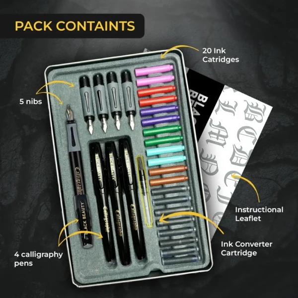 Calligraphy professional set with 4 pens, 5 nibs and 20 cartridges