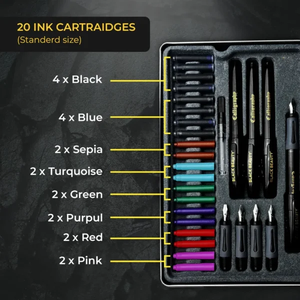 Eight vibrant ink colors included in Black Beauty calligraphy set
