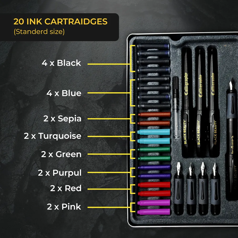 Eight vibrant ink colors included in Black Beauty calligraphy set Eight vibrant ink colors included in Black Beauty calligraphy set