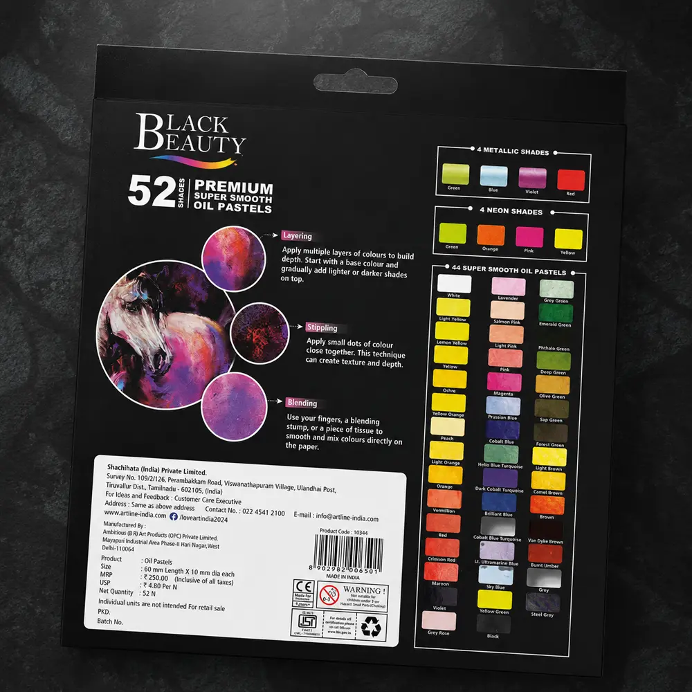 Black Beauty Oil Pastels 52 Shades back pack showing colour chart, blending, layering and stippling techniques