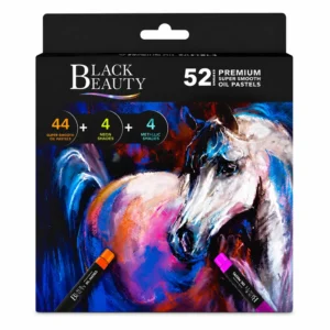 Black Beauty Premium Super Smooth Oil Pastels 52 Shades front pack featuring 44 classic, 4 neon and 4 metallic colours