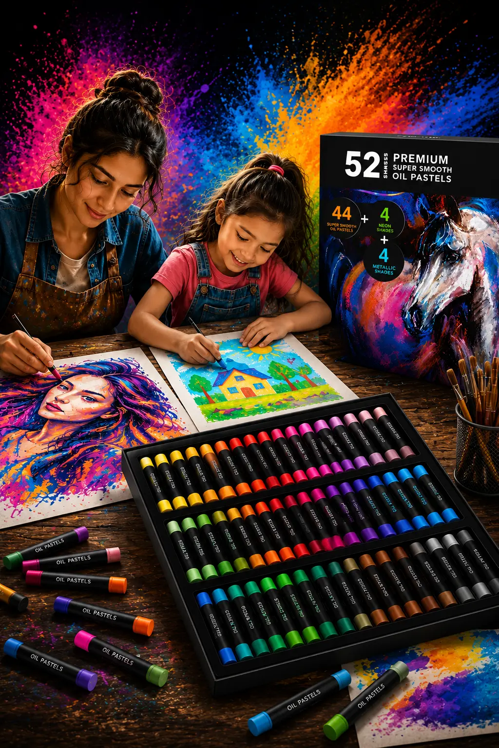 Black Beauty Premium Oil Pastels 52 Shades featuring vibrant colours, smooth blending and creative art supplies for kids, students and artists