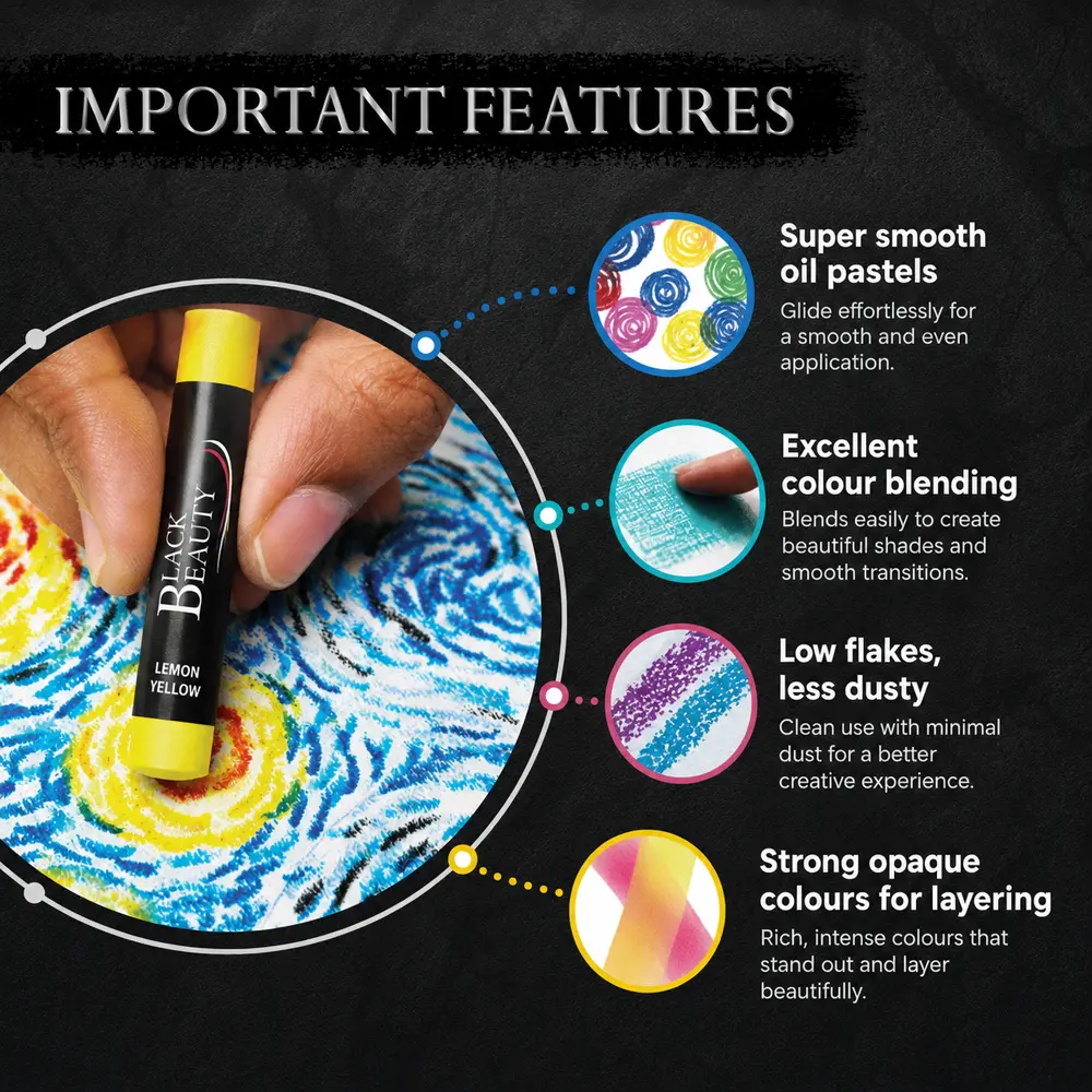 Black Beauty Oil Pastels colour collection showcasing vibrant shades for drawing, colouring and creative artwork