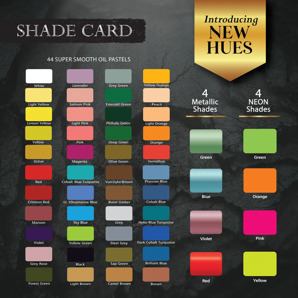 Black Beauty Oil Pastels shade card displaying 44 classic shades, 4 metallic shades and 4 neon shades