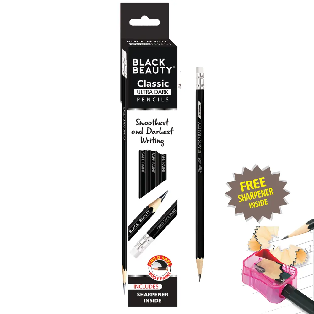 Black Beauty writing pencils displayed with jar pack and free sharpener Black Beauty writing pencils displayed with jar pack and free sharpener