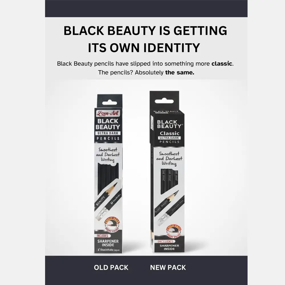 Black Beauty writing pencils displayed with jar pack and free sharpener Black Beauty writing pencils displayed with jar pack and free sharpener