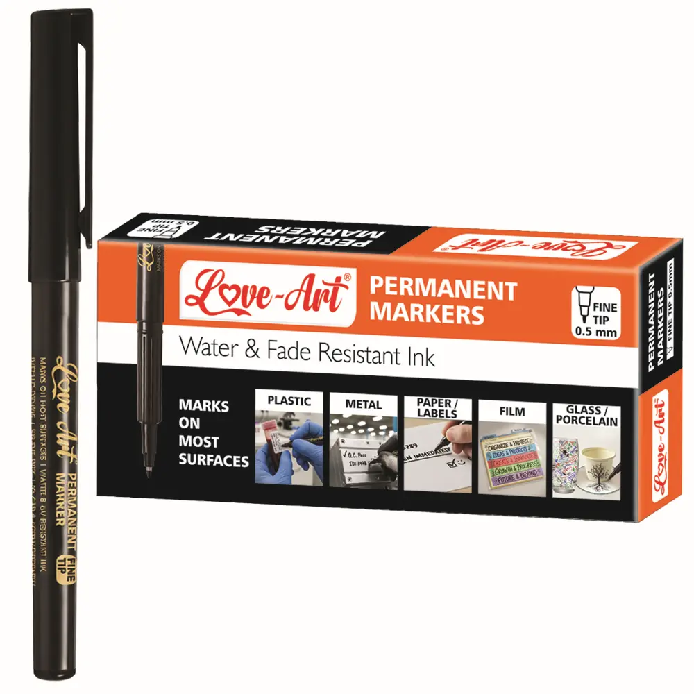 Fine tip permanent marker pen available in black blue red green and purple