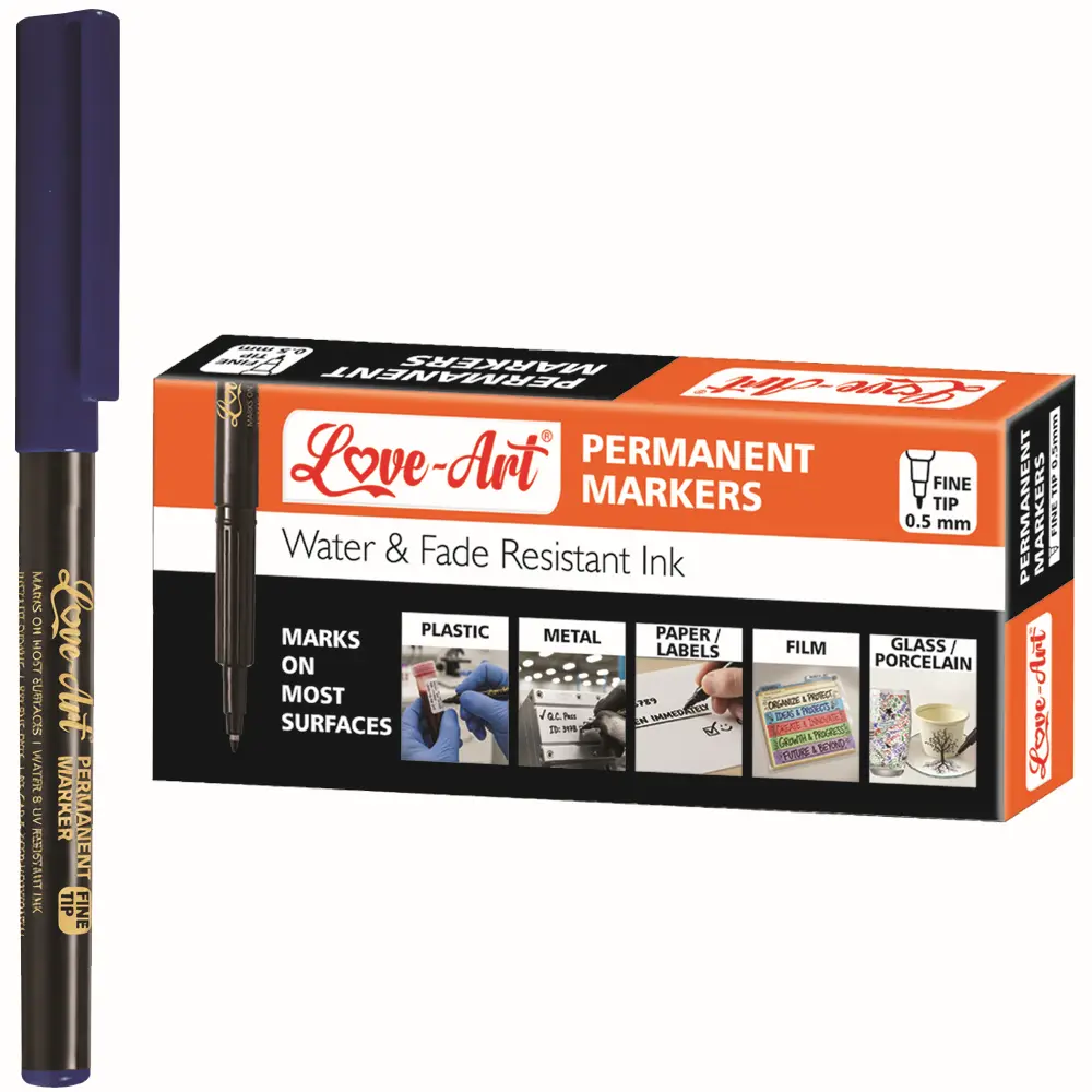 Fine tip permanent marker pen available in black blue red green and purple