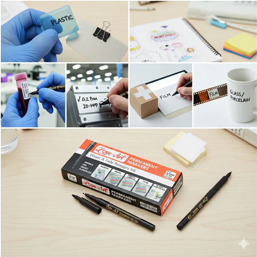 Fine tip permanent marker pen available in black blue red green and purple