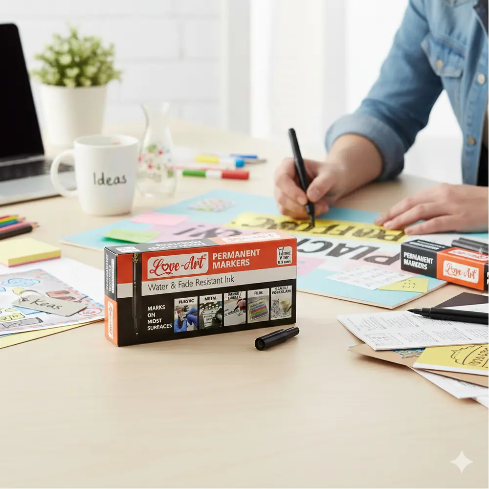 Fine tip permanent marker pen available in black blue red green and purple