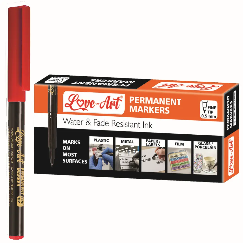 Fine tip permanent marker pen available in black blue red green and purple
