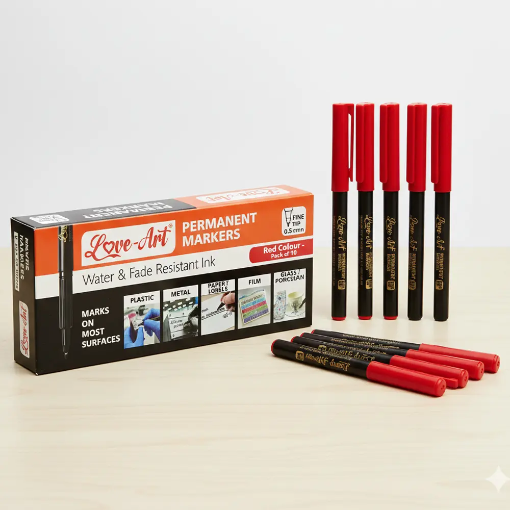 red fine tip permanent marker pen 0.5mm pack of 10