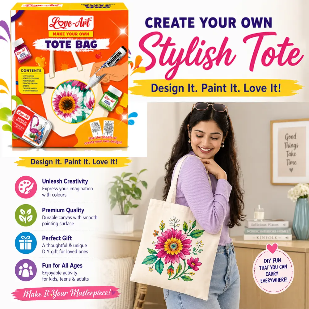 Natural cotton canvas tote bag included in Love-Art DIY painting kit