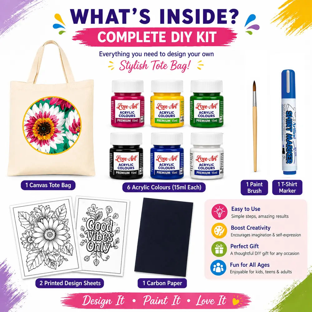 6 assorted acrylic colours (15ml each) included in Love-Art tote bag painting kit