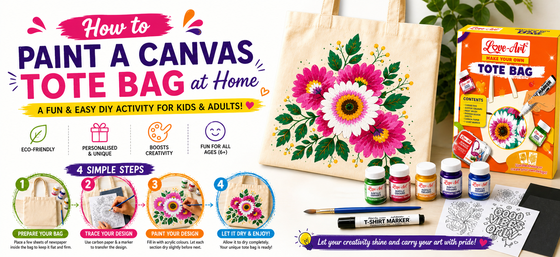 Love-Art tote bag painting kit – DIY canvas bag painting activity for kids and adults, 4 simple steps, ₹349