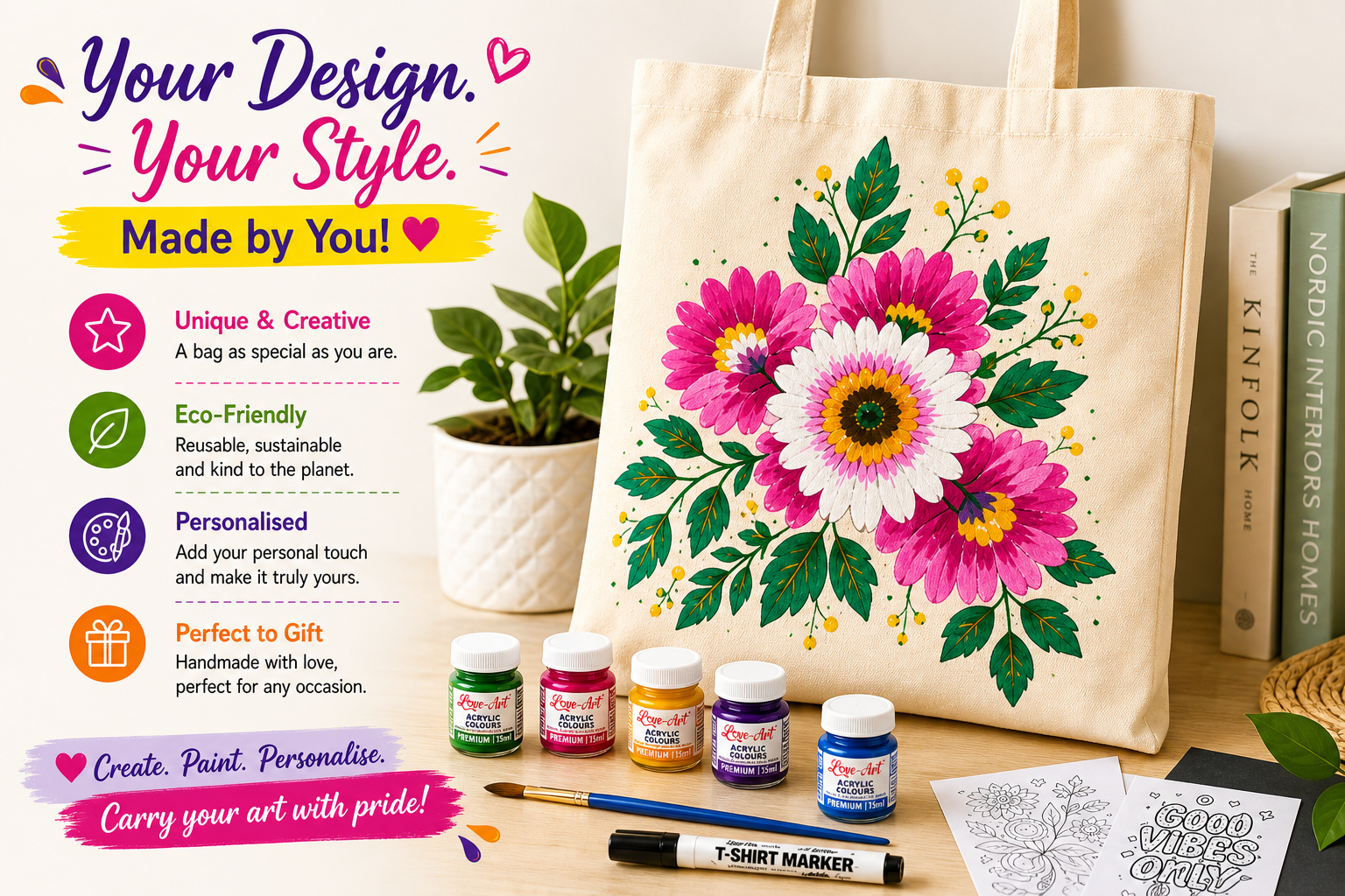 Love-Art tote bag painting kit – personalised DIY canvas bag with acrylic colours, eco-friendly and perfect to gift