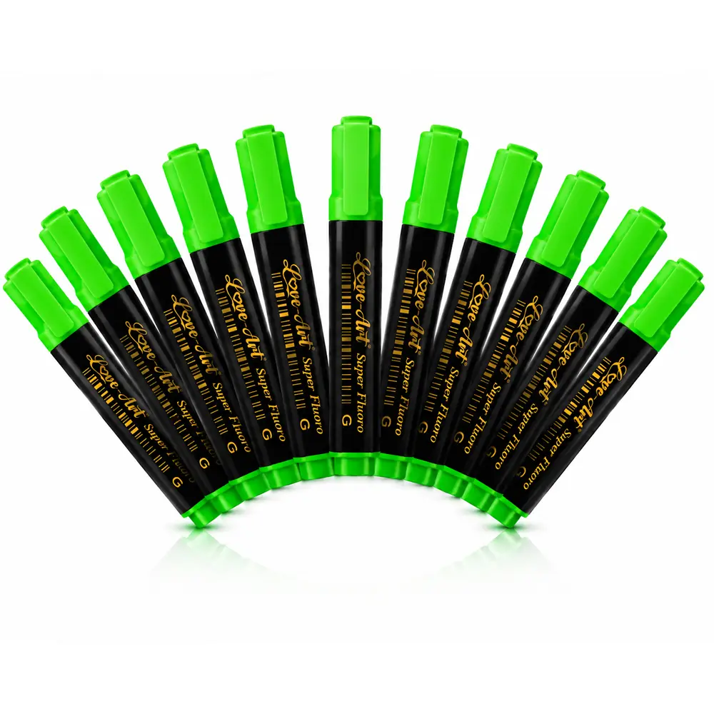 green-highlighter-pack-10 Green fluorescent highlighter marker from Love-Art Hi-Li Super Fluoro range ideal for marking important notes and text