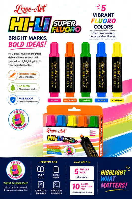 love-art-hi-li-super-fluoro-highlighter-banner-10-single-color-pack Love-Art Hi-Li Super Fluoro Highlighter 10 shades single color pack designed for long-lasting bold highlighting and professional us