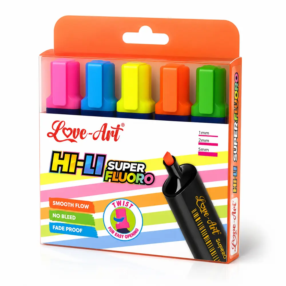love-art-highlighter-5-shades-pack-front-view-final Love-Art Hi-Li Super Fluoro Highlighter 5 shades pack front view showing vibrant fluorescent colors for highlighting and studying